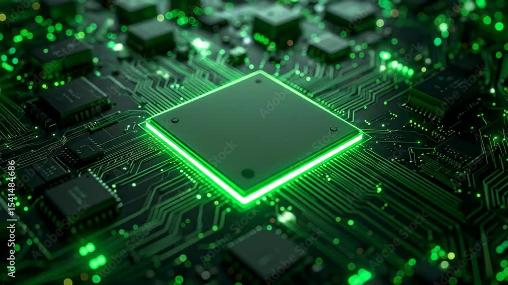 Poster high-tech glowing green processor on circuit board