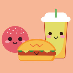 Cute Cartoon Fast Food Meal with Happy Faces Featuring a Burger Drink and Donut on a Peach Background Perfect for Children s Illustrations