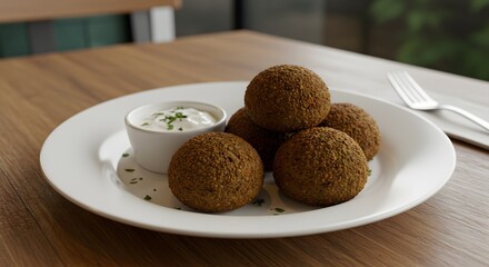 Delicious Falafel with Creamy Sauce on a White Plate: Food Photography