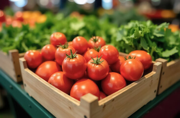 Fresh tomatoes and herbs are in wooden boxes in the store