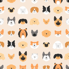 Vector pattern with сartoon dogs breeds. Seamless pattern with cute dog faces on beige background.