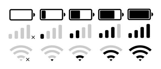 set wifi icon isolated on white background for phone. Phone bar status Icons, battery Icon, wifi signal strength.