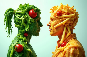  Two human profiles made from healthy vegetables, on the one hand, and fast food, on the other, contrast between healthy and unhealthy diets.