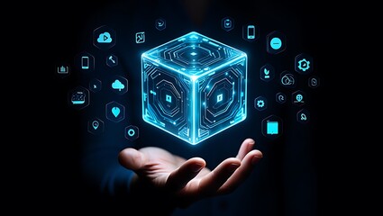 A persons hand gently cradles a vibrant glowing blue digital cube a futuristic technological concept showcasing interconnectedness and data integration numerous small light blue icons