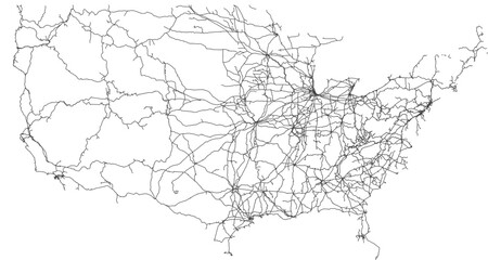 Contiguous United States vector map of the railway network (Web Mercator projection, PPT-compatible & fully editable)