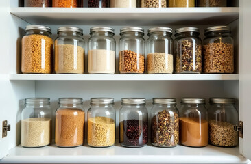 Glass jars with various cereals are on the shelves in a white cabinet