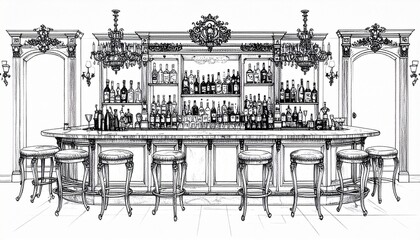 Fototapeta premium アンティークバーカウンターの手描きイラスト（ロココ調・モノクロ）Hand-drawn Illustration of Antique Bar Counter (Rococo Style, Black and White)