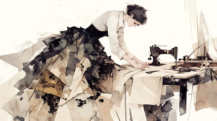 Female fashion designer in a creative workspace, focused on sewing fabric with a sewing machine, surrounded by tools and materials, showcasing artistic craftsmanship and dedication to design