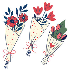 Three Flower Bouquets in Decorative Wrappings with Red Flowers and Blue Leaves Illustration