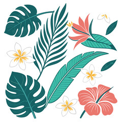 Tropical Flower and Leaf Pattern with Hibiscus Plumeria Bird of Paradise and Monstera