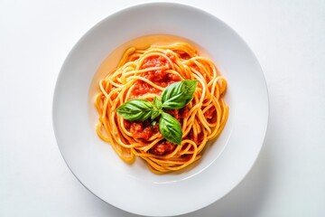 Spaghetti pasta. full plated serving of bigoli with tomato sauce basil pasta. Minimalist white ceramic plate.