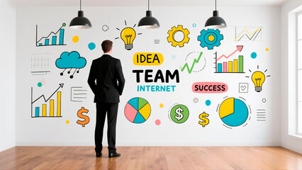 Businessman Standing in Front of Creative Teamwork and Success Concept Wall with Hand-Drawn Business Icons