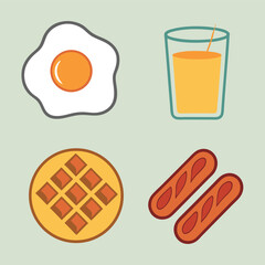 Stylized Breakfast Illustration Featuring a Fried Egg Glass of Orange Juice Round Waffle and Two Sausages on a Light Green Background