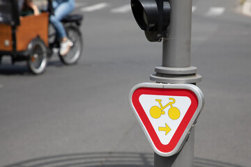 cycle road sign turn right right sign panel for cyclist on bicycle