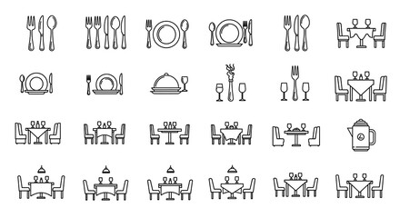Elegant restaurant dining table setting thin line icon set vector illustration for food service design © Md Faysal Ahmed
