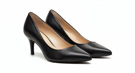 Kitten heels isolated on white background, black shoes pair, close-up, pointed toes, modern