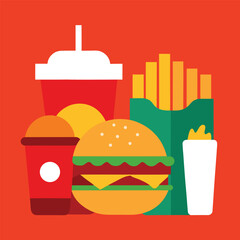 Flat Design Fast Food Meal with Burger Fries Soda and Milkshake on a Vibrant Orange Background Perfect for Restaurant Menus and Marketing