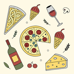 Hand Drawn Italian Food Illustration Featuring Pizza Pasta Ice Cream Wine and Cheese on Beige Background