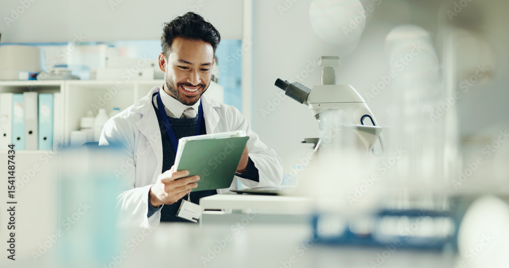 Poster healthcare, research and man in lab, tablet and online reading with app for experiment report. innov