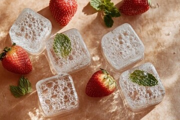 Wallpaper with fresh strawberries, clear ice cubes and mint leaves floating in soda water. Pink background.