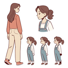 Cartoon Illustration of a Woman and a Girl in Different Poses and Expressions