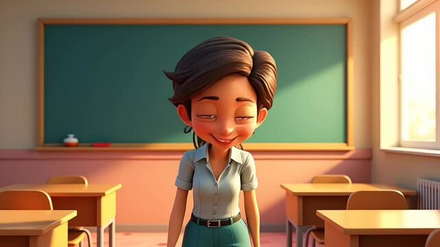 Animated female teacher character in classroom