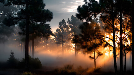 A vintage-inspired photograph of a pine forest shrouded in mist at dawn, with warm golden light filtering through the fog and casting a tranquil glow over the landscape.