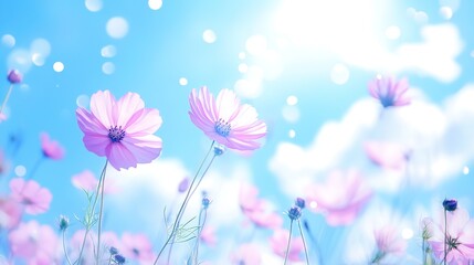 Beautiful pink cosmos flowers blooming under bright blue sky