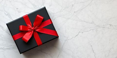 Elegant black gift box with red ribbon, marble background, anniversary present, top view,  special occasion,  gift wrapping