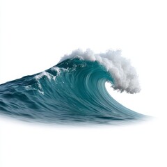 Serene Ocean Wave: Photorealistic Rendering of Elegant Cresting Wave with Blue Tones and Soft Foam Details on White Background