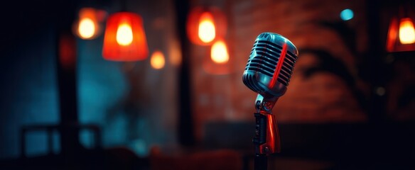 The microphone standing in a vibrant nightlife setting ready for performance.