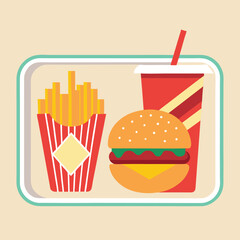 Flat Vector Illustration of a Fast Food Meal with Burger French Fries and Soda on a Tray for Menu Design