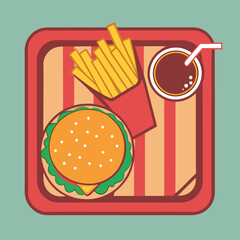 Retro Style Fast Food Meal with Burger Fries and Soda on a Tray with a Light Green Background Illustration