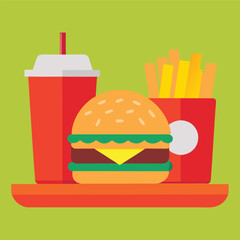 Flat Vector Illustration of a Fast Food Meal with a Burger French Fries and a Drink on a Tray with a Green Background