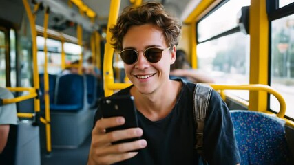 Young man wearing sunglasses sitting on bus using mobile phone. Public transport travel, urban commute and happy student lifestyle concept footage. - Powered by Adobe