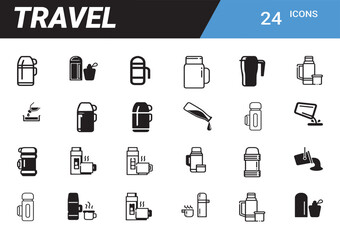 Travel Icon Set: A comprehensive set of travel-related icons, perfect for visual communication, featuring essential items for journeys and adventures.