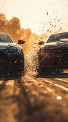 Two cars speeding through water, creating a dynamic splash under golden sunlight.