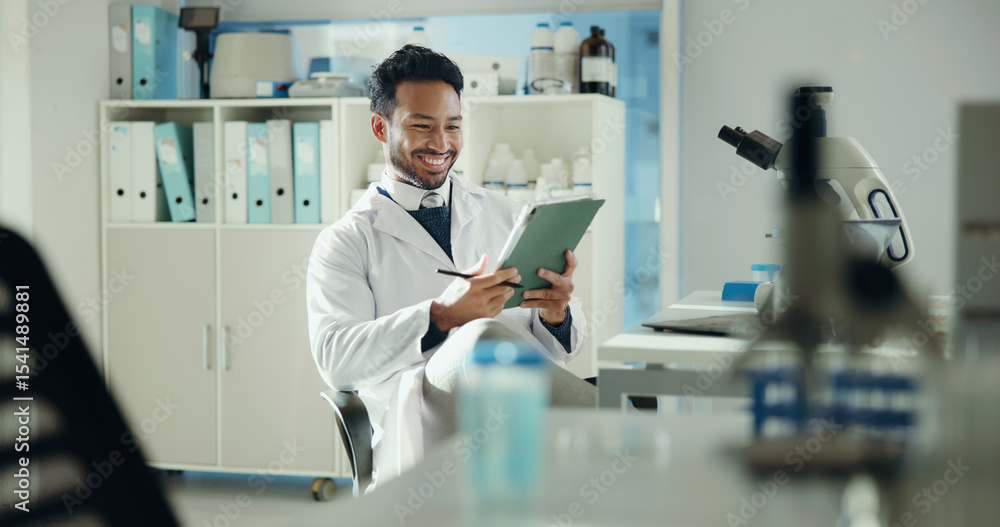 Poster science, smile and man in lab, tablet and online reading with app for experiment review. vaccine rep