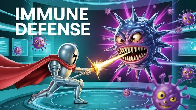 A caped knight fights a giant virus monster in a futuristic setting, illustrating the body's immune defense system