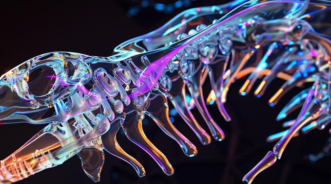 A moving transparent dinosaur like skeleton made of glass or crystal, illuminated by colorful neon lights in a dark environment