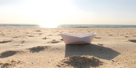 Paper Boat on Sandy Beach Under Sunny Sky