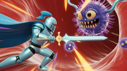 A 3D animated knight battles a cartoon virus monster inside a blood vessel, representing the body's immune response - Powered by Adobe