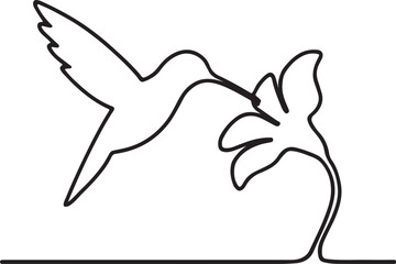 Continuous one line art illustration of humming bird on flower.