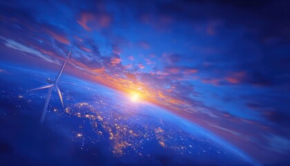 Earth at dawn with wind turbine