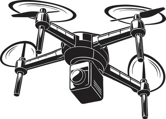 Aerodynamic Drone Silhouette: Sleek Outline of a Modern Quadcopter, Perfect for Representing Aerial Photography and Surveillance on White Background