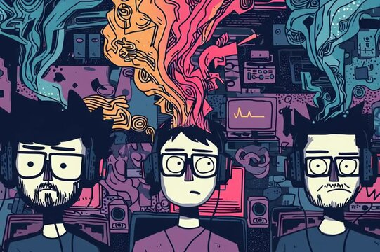 Three men with headphones, as imaginative streams flowing from their heads in a surreal tech-filled room