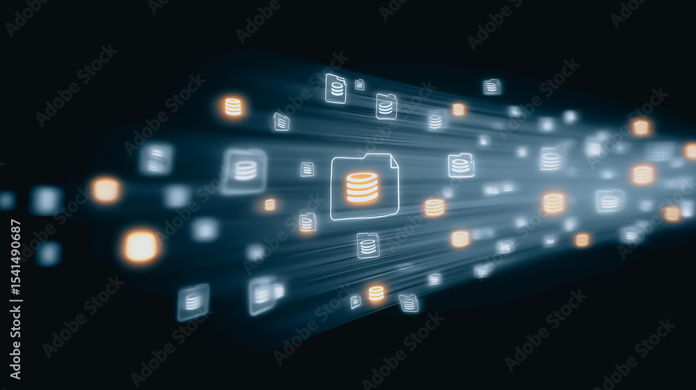 Poster data stream visualization: a futuristic and abstract depiction of a data stream, featuring glowing d
