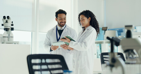Naklejka na ściany i meble Science, teamwork and people on tablet in laboratory for research, medical study and DNA analysis. Healthcare, biology and man with woman on digital tech for forensic report, experiment and vaccine
