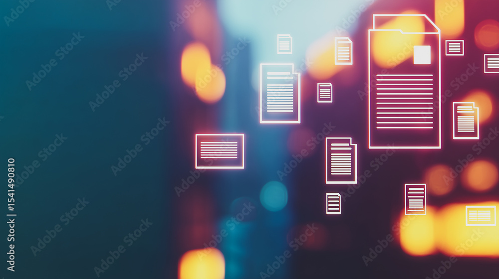 Poster data management and cloud integration: conceptual composition symbolizing digital document exchange 