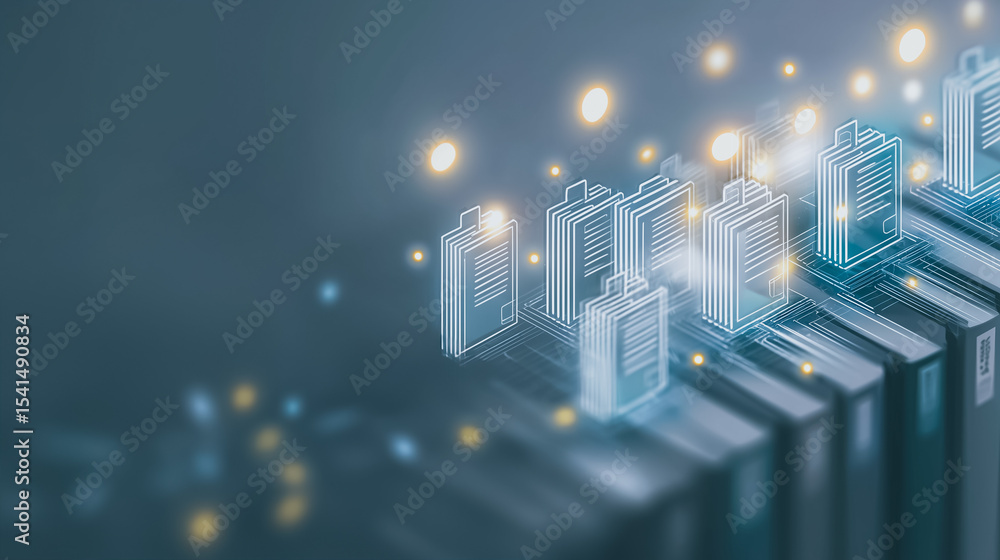 Poster digital data stream: rows of digital data blocks arranged in a flowing stream. glowing particles ill